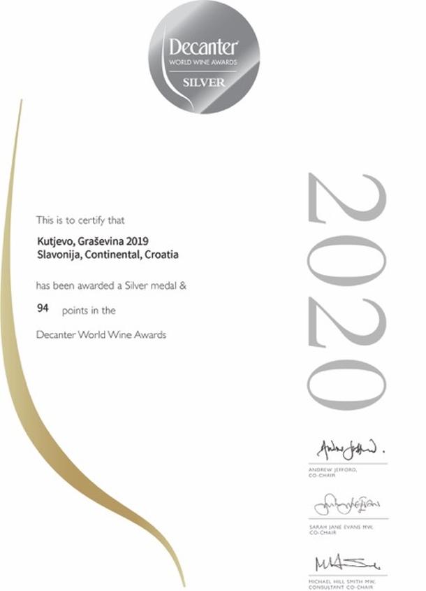 srebrna medalja Vrhunska graševina berba 2019